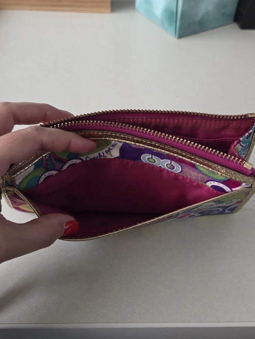 Coach Poppy Graffiti Wristlet Wallet with Pink and Teal Accents, Y2K Excellent